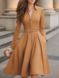 Zip Front Belted Shirt A Line Dress
