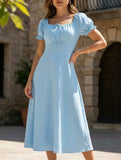 Square Neck Tie Waist A Line Midi Dress