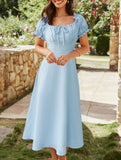 Square Neck Tie Waist A Line Midi Dress