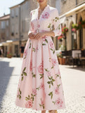 Print V Neck Waist A Line Dress