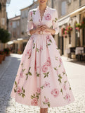 Print V Neck Waist A Line Dress