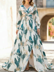 Backless V Neck Slit Dress