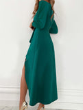 V Neck Ruched Slit Dress