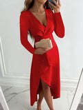 V Neck Ruched Slit Dress