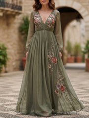 Digital Print V Neck Maxi Dress