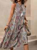 Tribal Print Stand Collar Drawstring Dress