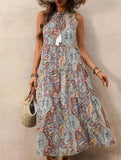Tribal Print Stand Collar Drawstring Dress