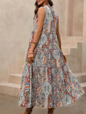 Tribal Print Stand Collar Drawstring Dress