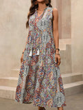 Tribal Print Stand Collar Drawstring Dress