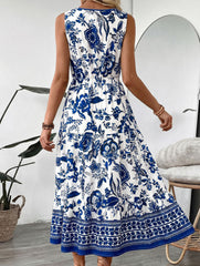 Blue Print V Neck Sleeveless Maxi Dress