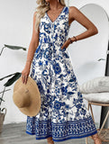 Blue Print V Neck Sleeveless Maxi Dress