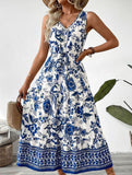 Blue Print V Neck Sleeveless Maxi Dress