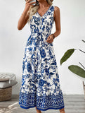 Blue Print V Neck Sleeveless Maxi Dress