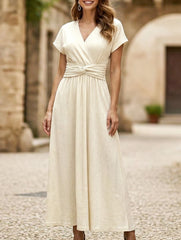 Solid V Neck High Waist Maxi Dress