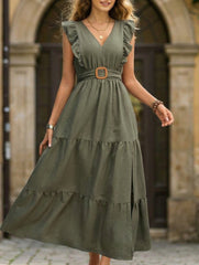 V Neck Ruffle Sleeve Slit Maxi Dress
