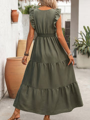 V Neck Ruffle Sleeve Slit Maxi Dress