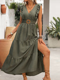 V Neck Ruffle Sleeve Slit Maxi Dress
