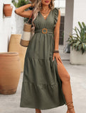 V Neck Ruffle Sleeve Slit Maxi Dress