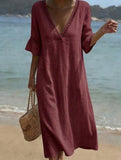 Linen V Neck Loose Maxi Dress
