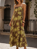 Women's palm print high waist cami maxi dress - tropical A-line slip dress vacation outfit