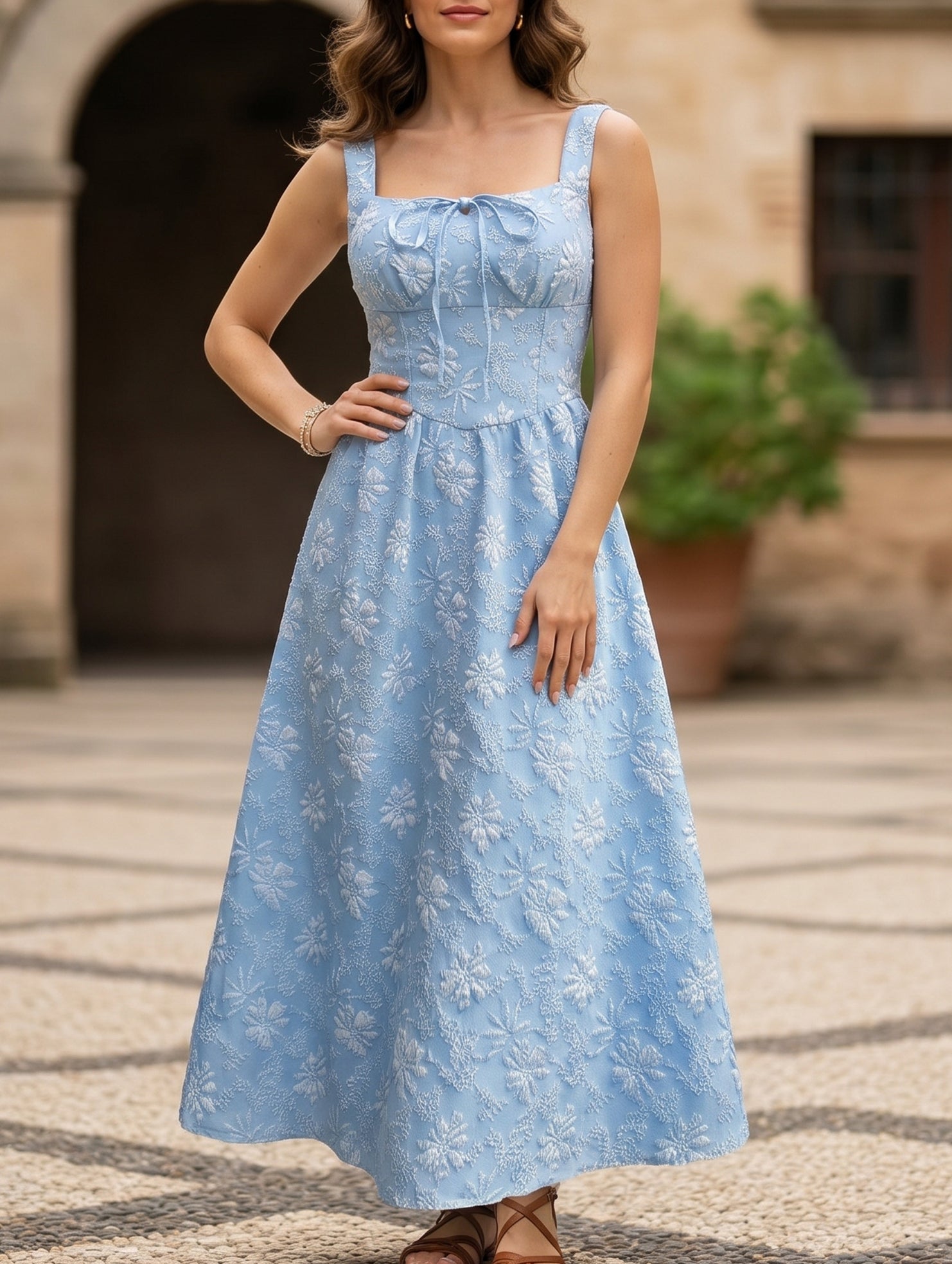 Women's blue jacquard backless cami midi dress - floral embossed elegant sundress