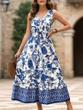 Women's dark blue floral print V neck sleeveless maxi dress - boho vacation A-line dress
