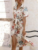 Print Button Waist Short Sleeve Dress