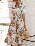 Print Button Waist Short Sleeve Dress