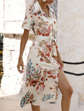 Print Button Waist Short Sleeve Dress