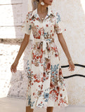 Print Button Waist Short Sleeve Dress