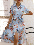Print Button Waist Short Sleeve Dress