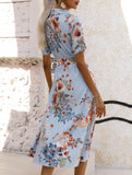 Print Button Waist Short Sleeve Dress