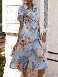 Print Button Waist Short Sleeve Dress