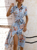 Print Button Waist Short Sleeve Dress