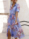 Print Button Waist Short Sleeve Dress