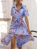 Print Button Waist Short Sleeve Dress