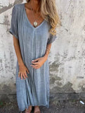 Linen V Neck Loose Short Sleeve Dress