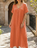 Linen V Neck Loose Short Sleeve Dress