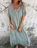 Linen V Neck Loose Short Sleeve Dress
