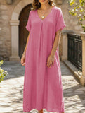 Linen V Neck Loose Short Sleeve Dress