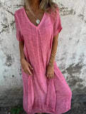 Linen V Neck Loose Short Sleeve Dress