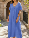 Linen V Neck Loose Short Sleeve Dress