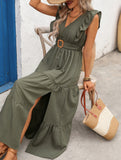 Deep V Flutter Sleeve Waist Dress_CWDMD02889