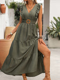 Deep V Flutter Sleeve Waist Dress_CWDMD02889