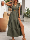 Deep V Flutter Sleeve Waist Dress_CWDMD02889