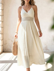 Halter Lace Patch V Neck Maxi Dress_CWDMD02890