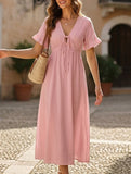V Neck Loose Solid Maxi Dress_CWDMD02894