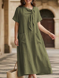 Short Sleeve Bow Pocket A-Line Maxi Dress_CWDMD02903