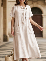 Short Sleeve Bow Pocket A-Line Maxi Dress_CWDMD02903
