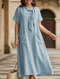 Short Sleeve Bow Pocket A-Line Maxi Dress_CWDMD02903
